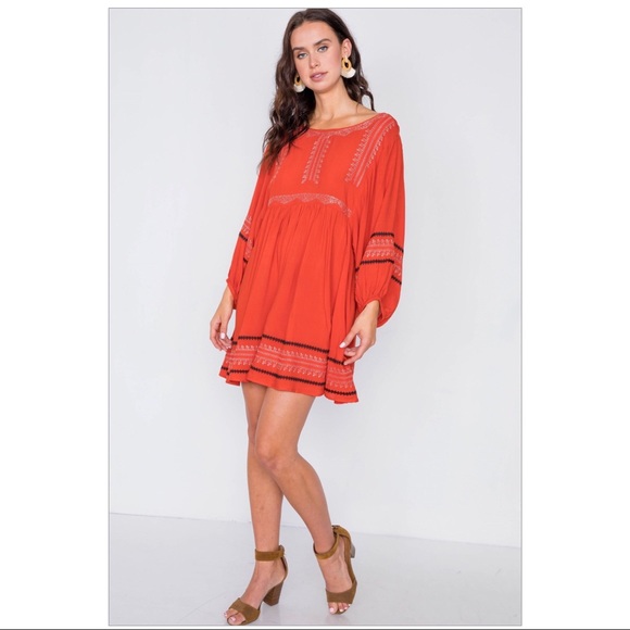 Dusty Red Embroidery Long Sleeve Boho Mini Dress - Picture 4 of 5